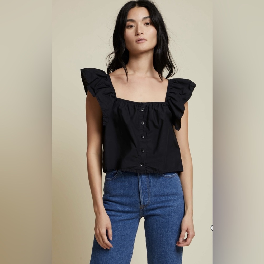 Nation LTD Ada A-line Ruffle Chemise Square Neck Cropped Top Jet Black size XS